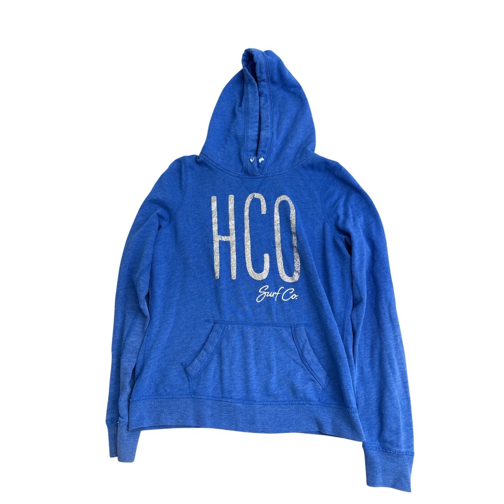 Hollister HCO Surf Co Blue Glitter Graphic Pullover Hoodie Sweatshirt Large